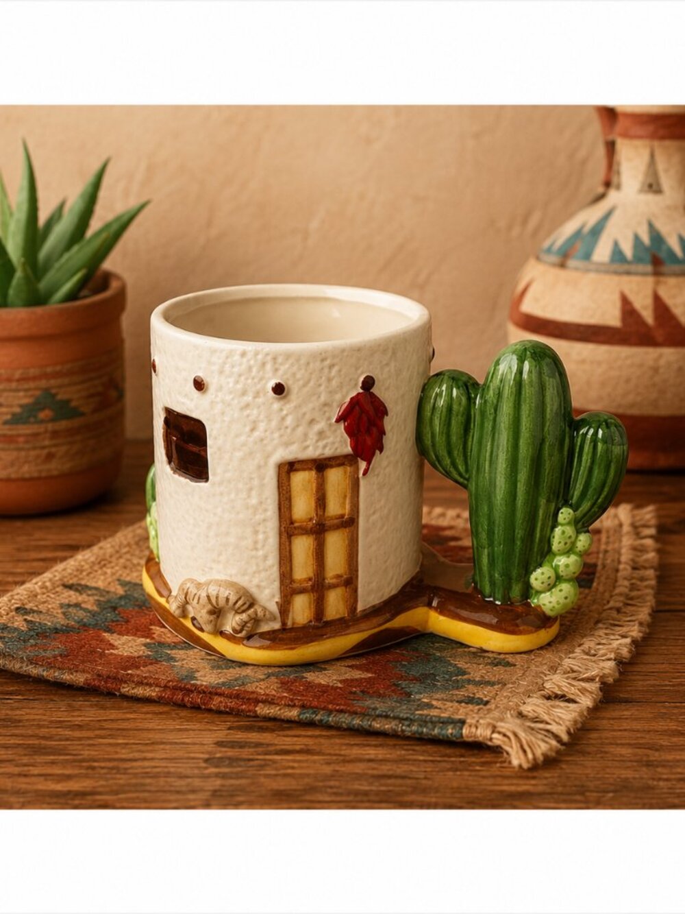 Vintage 1993 Santa Fe for Men Southwestern Cactus Handle Mug Adobe Pueblo Tsumur